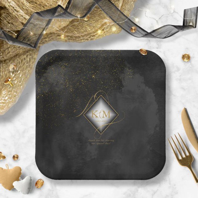 Fine Lines Gold Abstract Wedding V2 Black ID867 Paper Plate (Creator Uploaded)