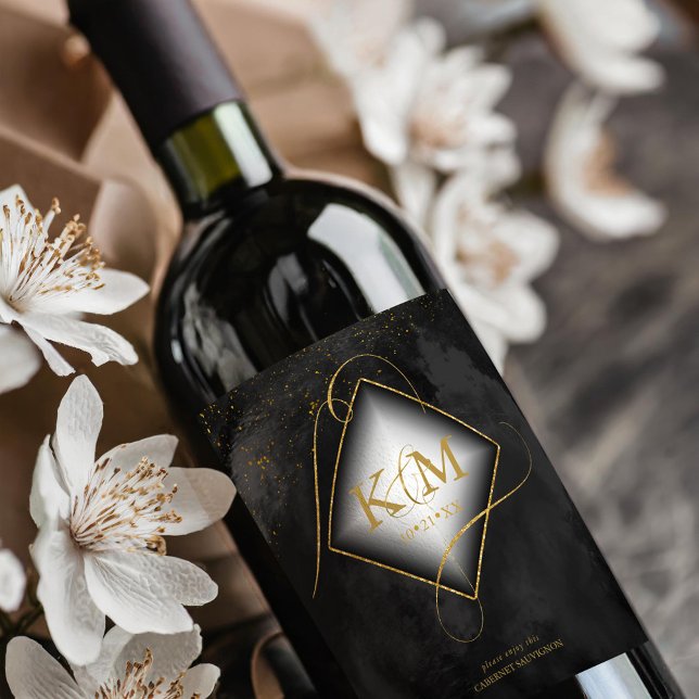 Fine Lines Gold Abstract Wedding V2 Black ID867  Wine Label (Creator Uploaded)