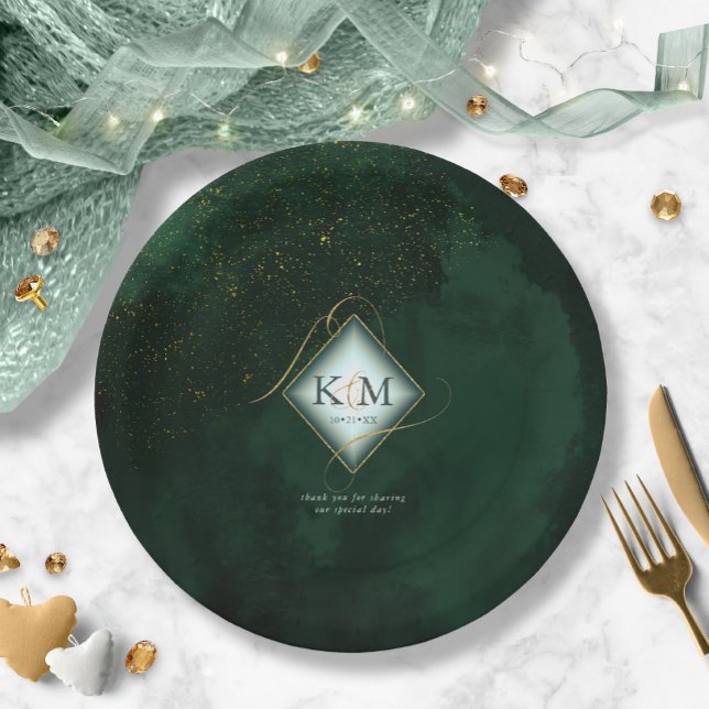 Fine Lines Gold Abstract Wedding V2 Emerald ID867 Paper Plate (Creator Uploaded)