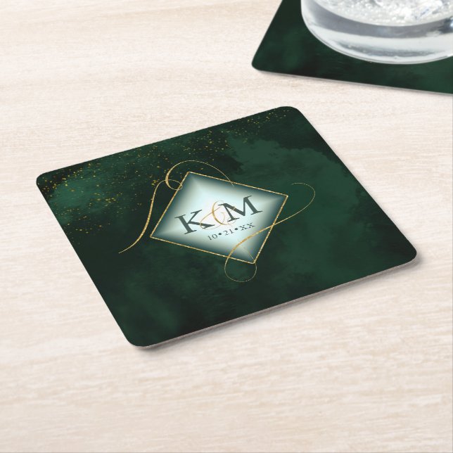 Fine Lines Gold Abstract Wedding V2 Emerald ID867 Square Paper Coaster (Angled)