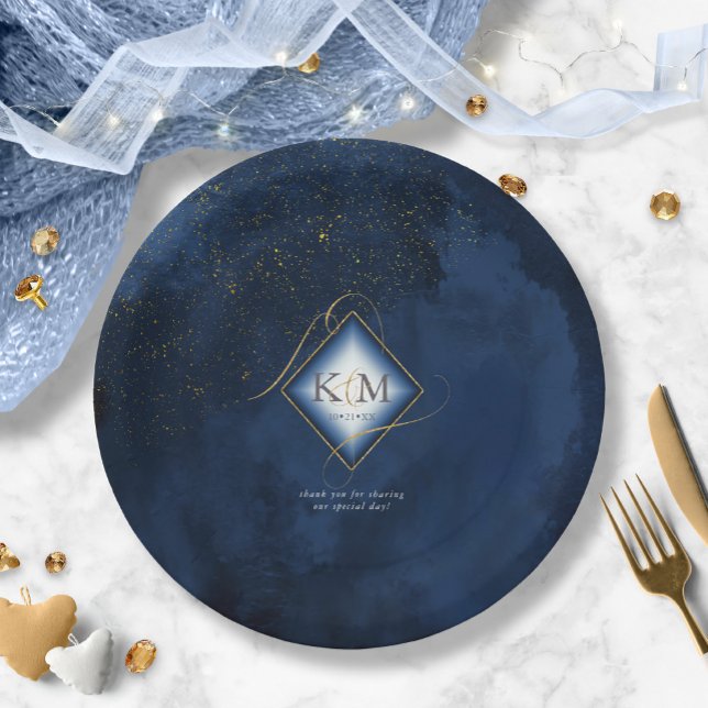 Fine Lines Gold Abstract Wedding V2 Navy ID867 Paper Plate (Creator Uploaded)
