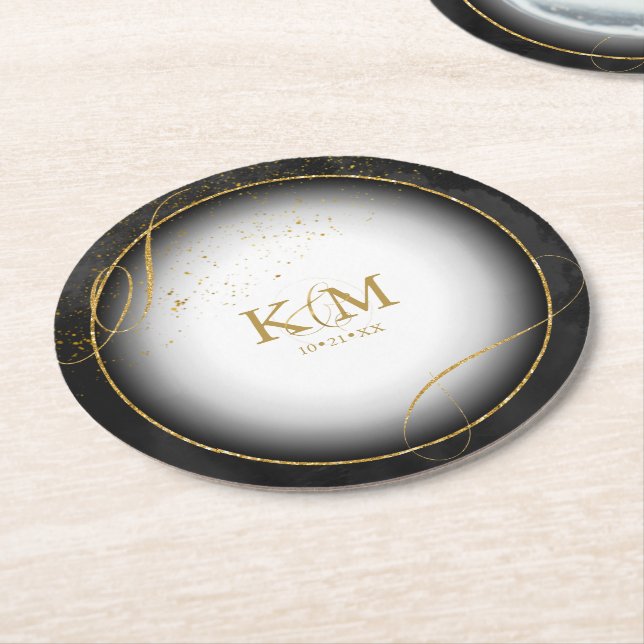 Fine Lines Gold Abstract Wedding V3 Black ID867 Round Paper Coaster (Angled)
