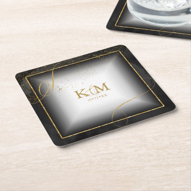 Fine Lines Gold Abstract Wedding V3 Black ID867 Square Paper Coaster (Angled)