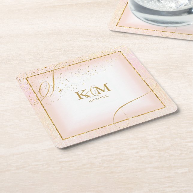 Fine Lines Gold Abstract Wedding V3 Blush ID867 Square Paper Coaster (Angled)