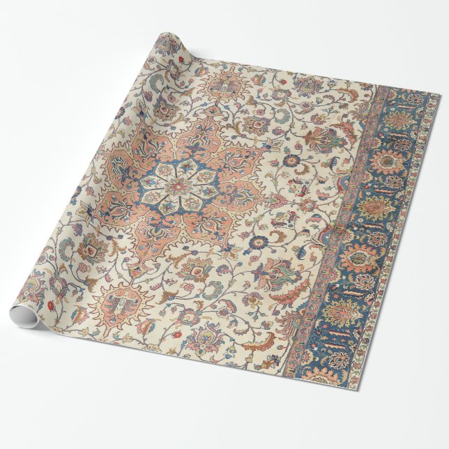 Fine Persia Tabriz Blue Rust Orange  Wrapping Paper (Unrolled)