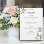 Finely flourished wedding Flat Menu<br><div class="desc">This exquisite wedding menu is adorned with an elegant floral motif featuring delicate roses and hydrangeas nestled among lush green leaves. The classical script and serif fonts further enhance the overall sophistication. It is composed of three sections with a title and a description. Personalise it to make your wedding day...</div>