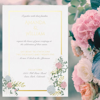 Finely flourished wedding invitation with gold