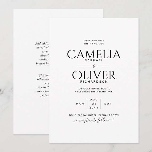 Finest Classic Black White MONOCHROME Wedding Invitation (Front/Back)