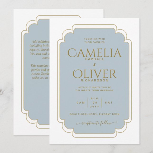 Finest Dusty Blue Gold MONOCHROME Wedding Invitation (Front/Back)