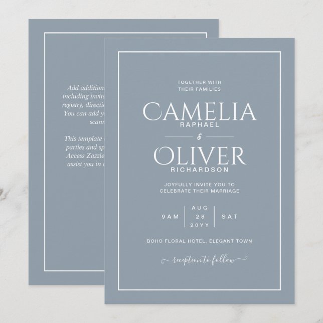 Finest Dusty Blue MONOCHROME Wedding Invitation (Front/Back)