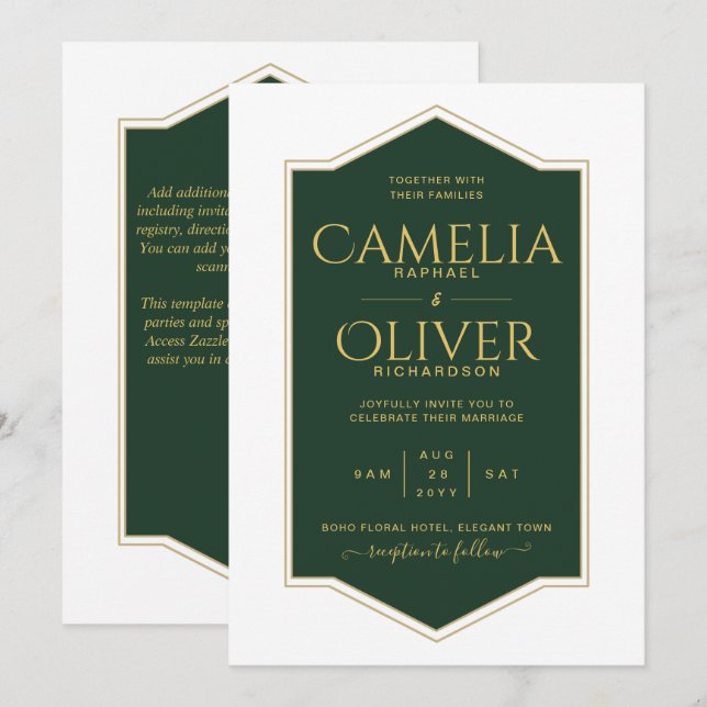 Finest Emerald Green Gold MONOCHROME Wedding Invitation (Front/Back)
