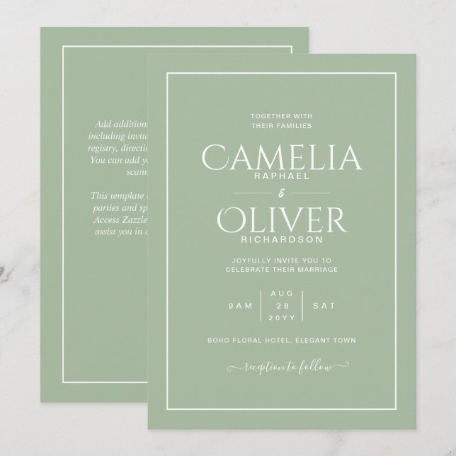Finest Light Sage Apple Green MONOCHROME Wedding  Invitation (Front/Back)