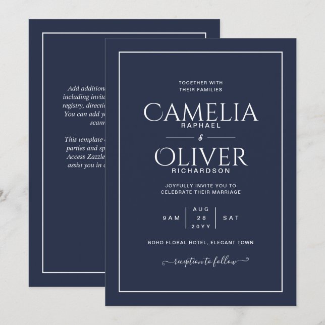 Finest Navy Blue White MONOCHROME Wedding Invitation (Front/Back)