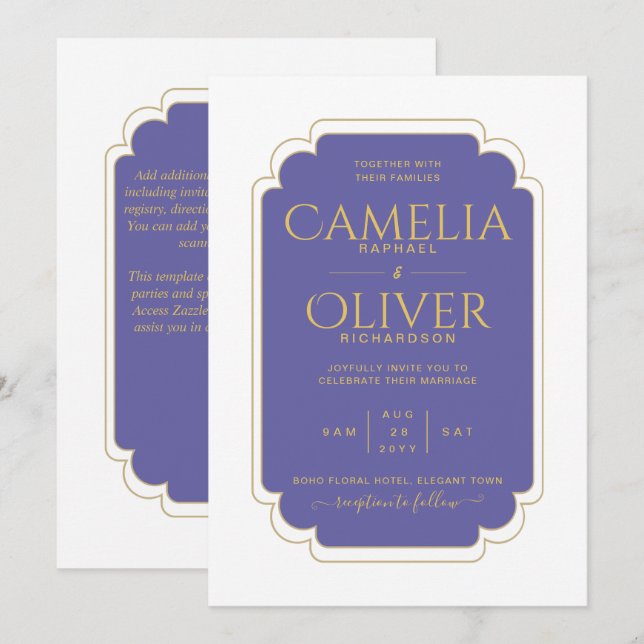 Finest Peri Purple Gold MONOCHROME Wedding Invitation (Front/Back)