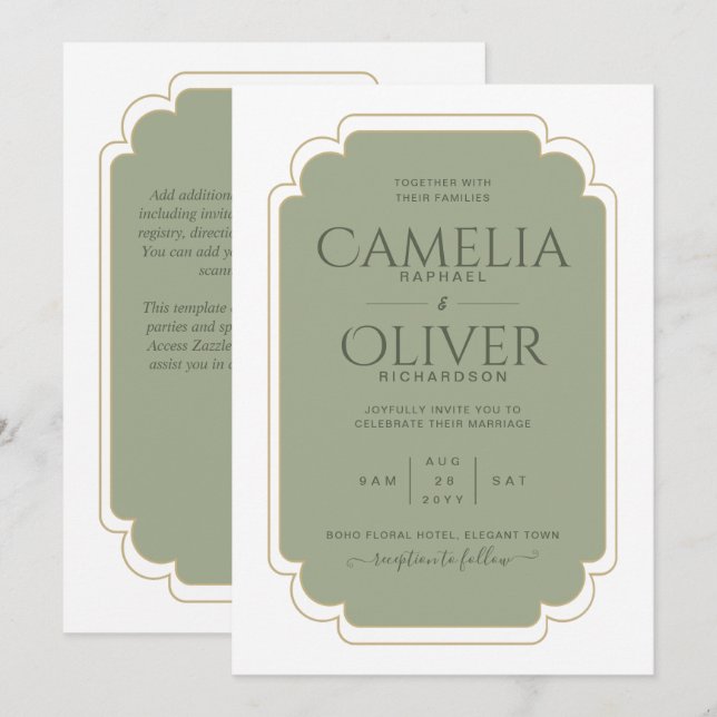 Finest Sage Green Gold MONOCHROME Wedding Invitati Invitation (Front/Back)