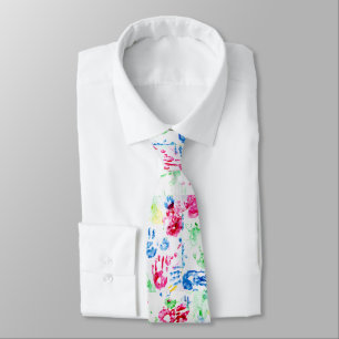 finger paint hand prints on white tie