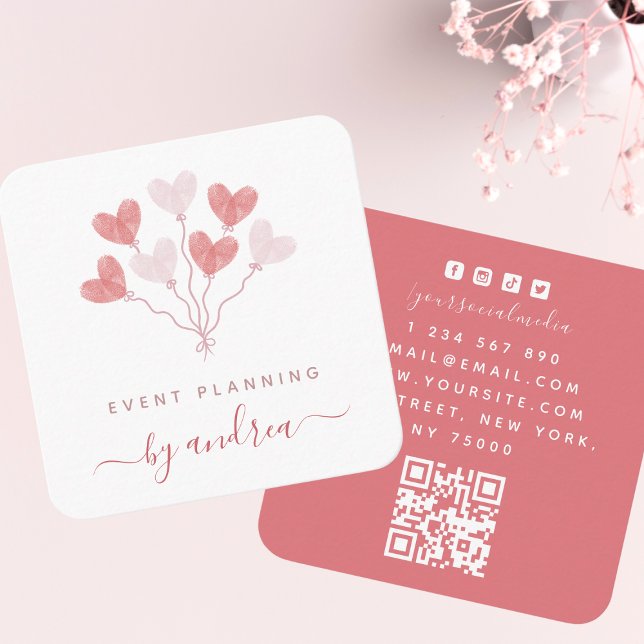 Fingerprint Heart Balloons Event Planner QR Code Square Business Card (Creator Uploaded)
