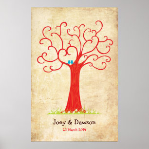 Fingerprint Tree Wedding Heartastic (Red Vintage) Poster