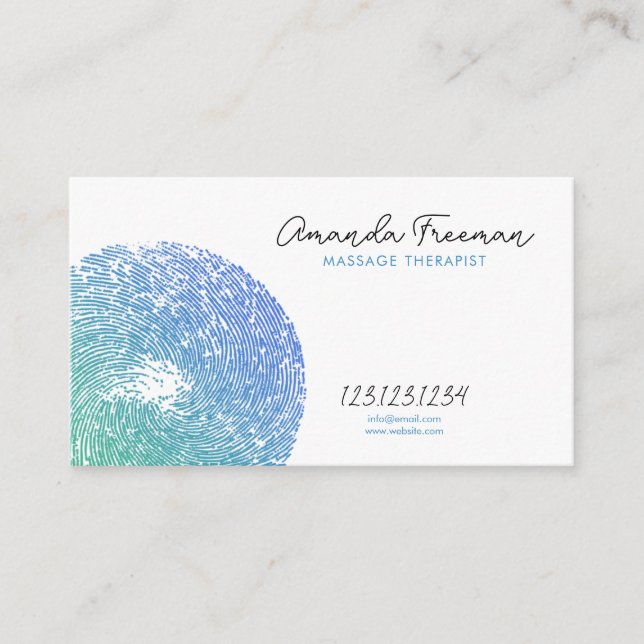 Fingerprint White & Blue Zen Massage Therapist Business Card (Front)