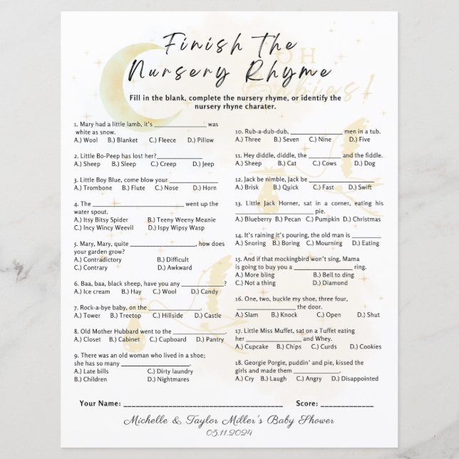 Finish the Nursery Rhyme Baby Shower Game (Front)