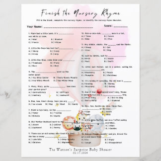 Finish the Nursery Rhyme Game Pink Baby Animals