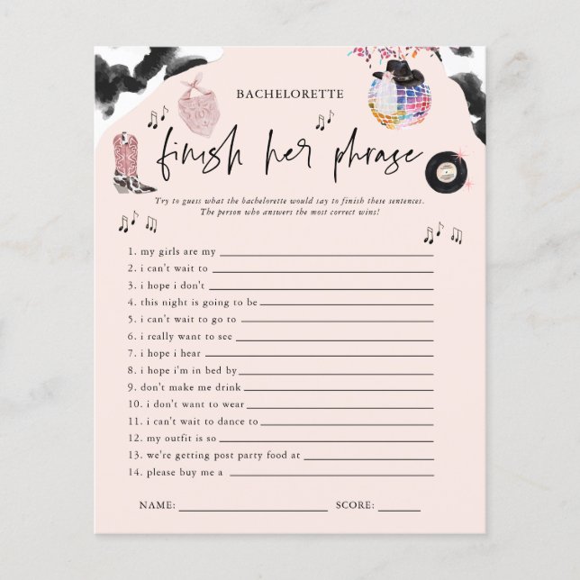 Finish The Phrase Disco Cowgirl Bachelorette Game (Front)
