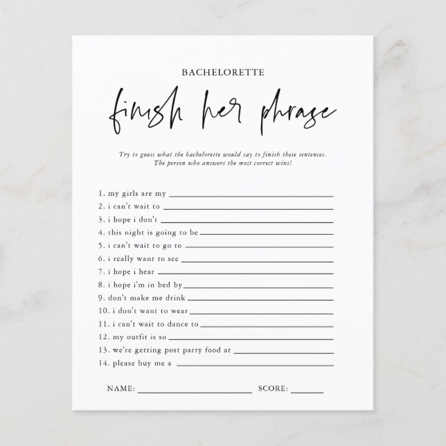 Finish The Sentence | Bachelorette Party Game Card (Front)