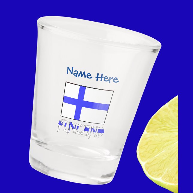 Finland Finnish Flag Blue Personalised  Shot Glass (Shot glass has Finnish Flag and word FINLAND below in flag colors. Add name above in blue text.)