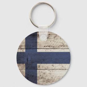 Finland Flag on Old Wood Grain Key Ring
