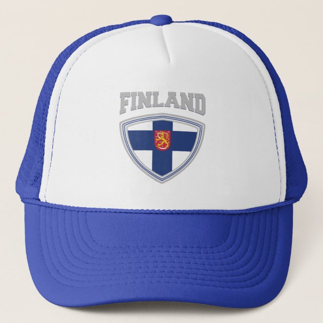 Finland Flag Shield & Emblem Trucker Hat (Front)