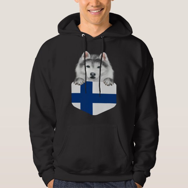 Finland Flag Siberian Husky Dog In Pocket Hoodie (Front)