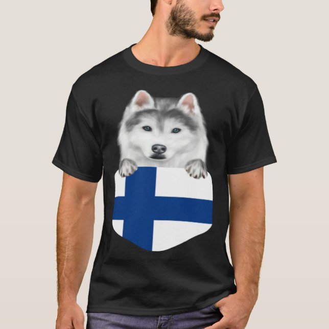 Finland Flag Siberian Husky Dog In Pocket T-Shirt (Front)
