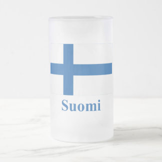 Finland Flag with Name in Finnish Frosted Glass Beer Mug