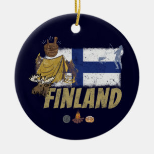 Finland moose vintage flag and tent souvenir ceramic tree decoration