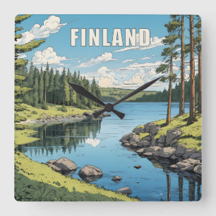 Finland Nature Illustration Square Wall Clock