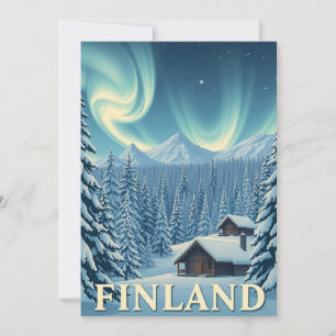 Finland Northern Lights Winter Cabin Flat Card
