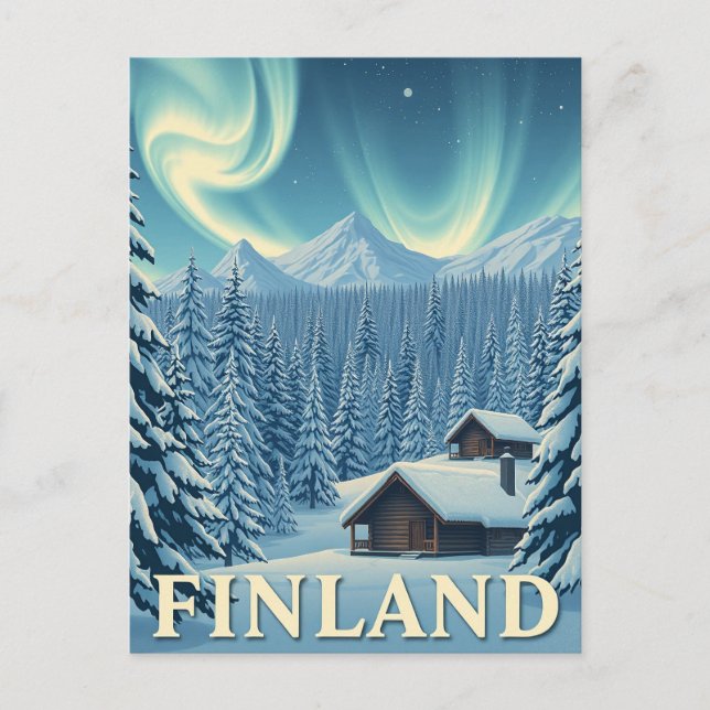 Finland Northern Lights Winter Cabin Postcard (Front)