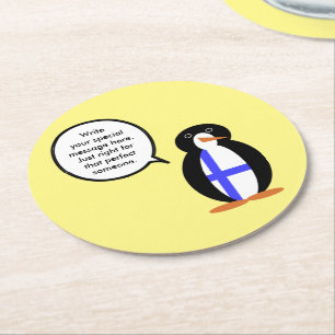 Finland Talking Ms. Penguin Personalised Round Paper Coaster