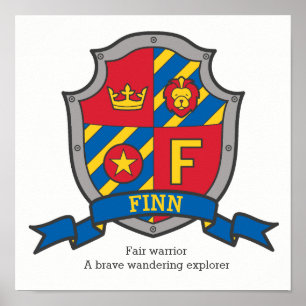 Finn boys F name meaning heraldry shield poster