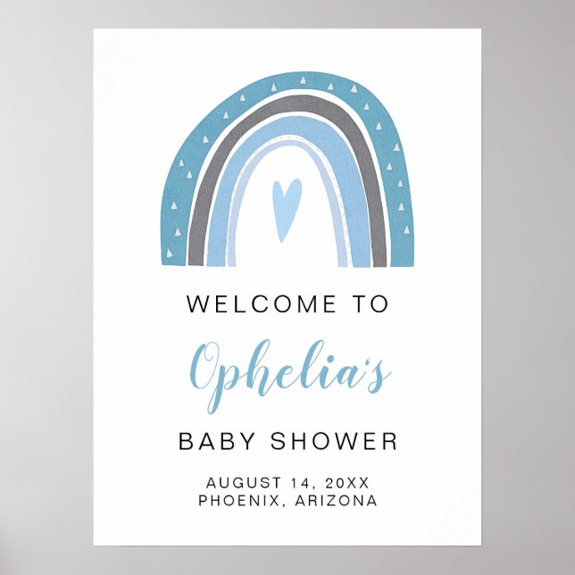 FINN | Dust Blue Boho Rainbow Heart Boy Birthday Poster (Front)