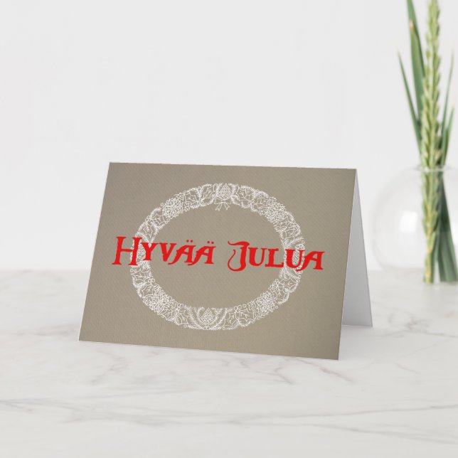 Finnish Christmas Wreath White and Red on Burlap Holiday Card (Front)