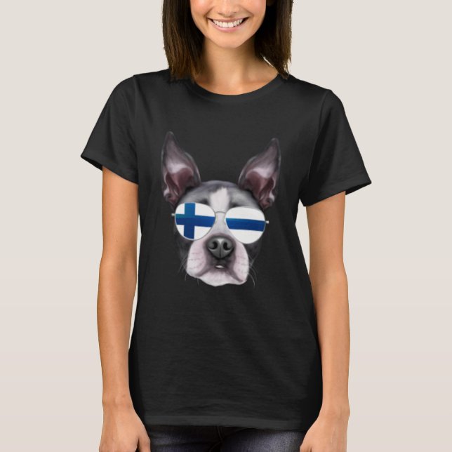 Finnish Flag Boston Terrier Dog Finland Pocket T-Shirt (Front)