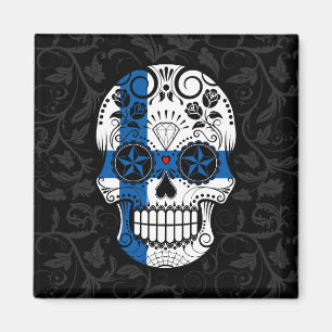 Finnish Flag Sugar Skull with Roses Magnet