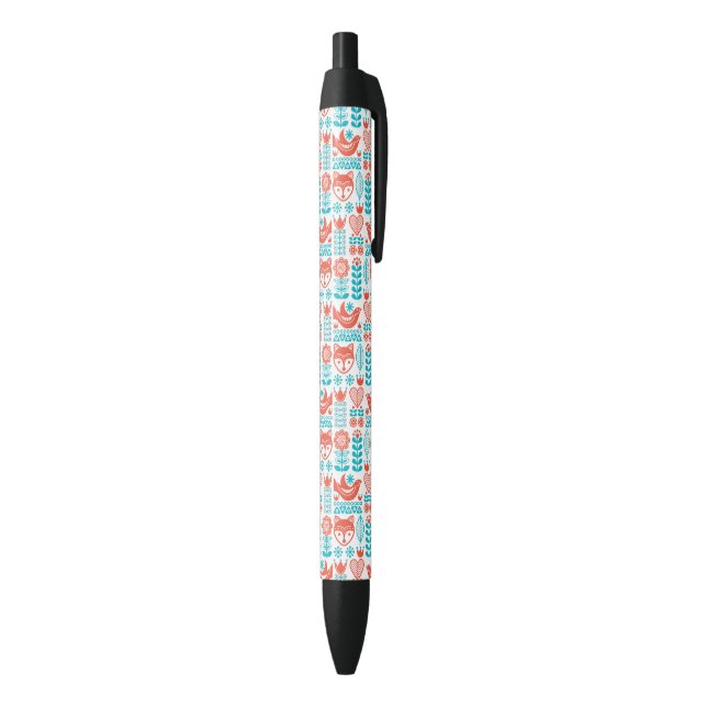 Finnish Fox & Bird Folk Art Pattern Black Ink Pen (Bottom (Vertical))