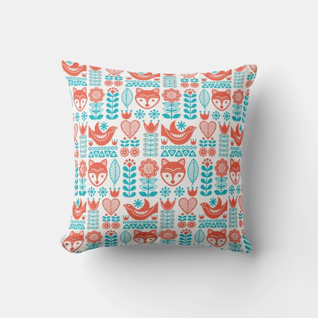Finnish Fox & Bird Folk Art Pattern Cushion (Front)