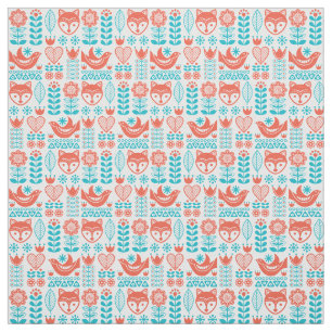 Finnish Fox & Bird Folk Art Pattern Fabric