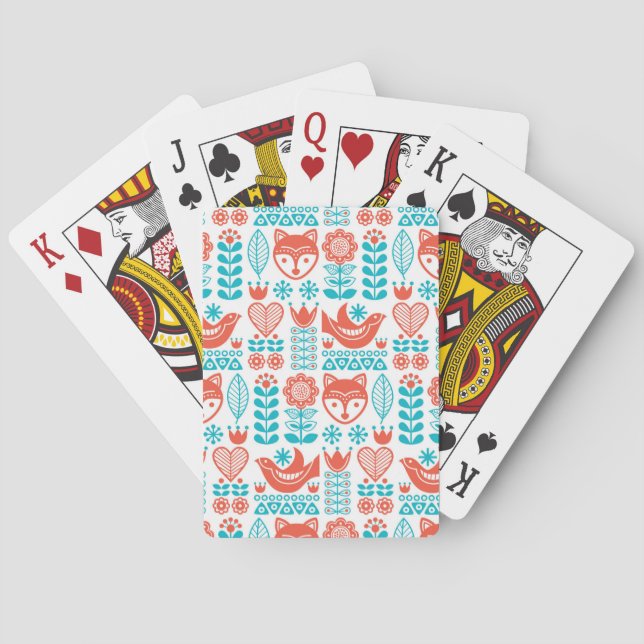 Finnish Fox & Bird Folk Art Pattern Playing Cards (Back)