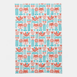Finnish Fox & Bird Folk Art Pattern Tea Towel