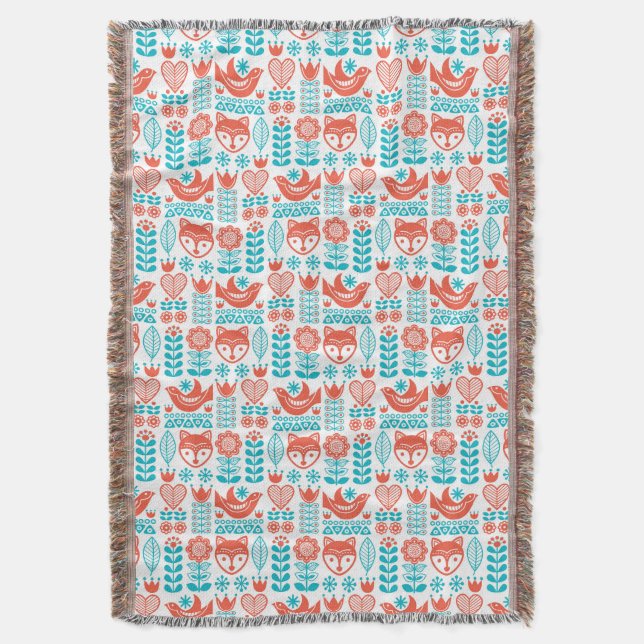 Finnish Fox & Bird Folk Art Pattern Throw Blanket (Front Vertical)