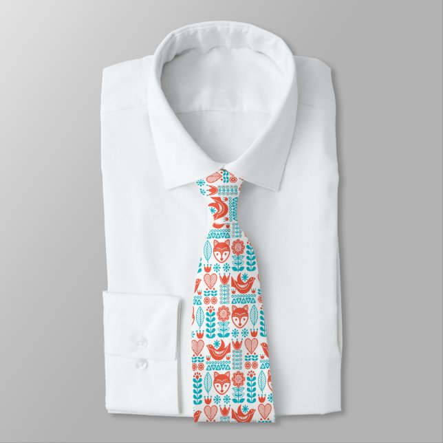 Finnish Fox & Bird Folk Art Pattern Tie (Tied)